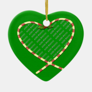 Ornamento De Cerâmica Candy Cane Heart Add Your Photo Frame