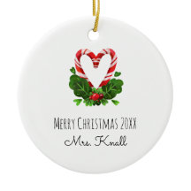 Candy Cane Heart Feliz Ano de Natal Nome PROFESSOR