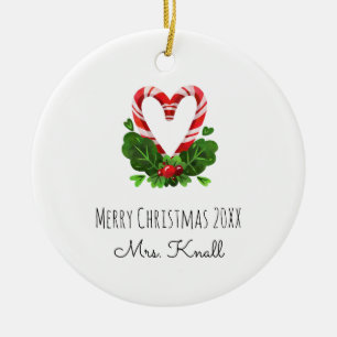 Ornamento De Cerâmica Candy Cane Heart Feliz Ano de Natal Nome PROFESSOR