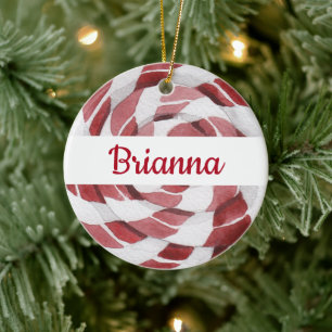 Ornamento De Cerâmica Candy Cane Peppermint Swirl com Nome Ano