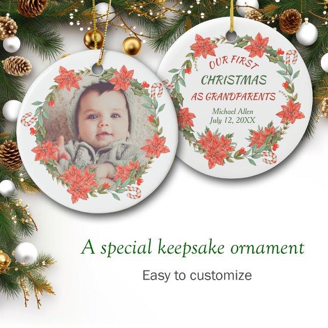 Ornamento De Cerâmica Candy Cane Poinsettia Wreath Foto (Criador carregado)