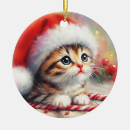 Ornamento De Cerâmica Candy Cane Tabby Kitten Natal