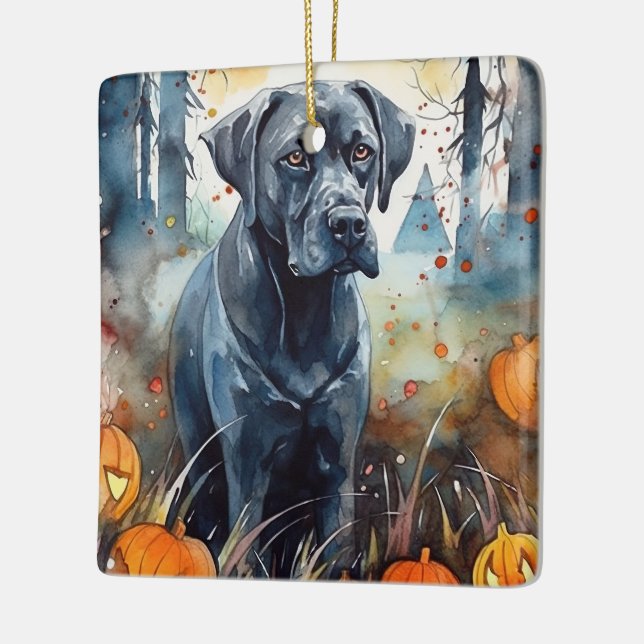 Ornamento De Cerâmica Cane Corso de Halloween com Abóboras Assustadoras (Esquerda)