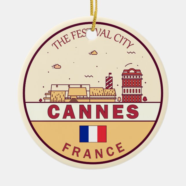 Ornamento De Cerâmica Cannes France City Skyline Emblem (Frente)