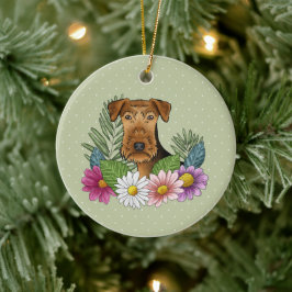 Ornamento De Cerâmica Cão Airedale Terrier e Flores Coloridas Verdes