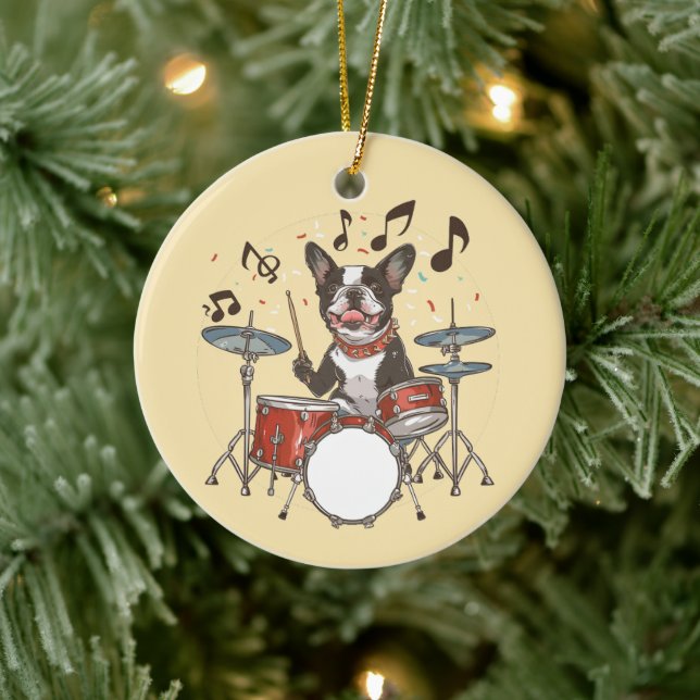 Ornamento De Cerâmica Cão Boston Terrier Tocando Bateria (Árvore)