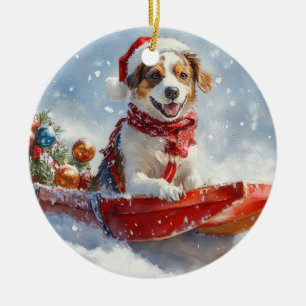 Ornamento De Cerâmica Cão Brittany Spaniel em Trenó de Natal