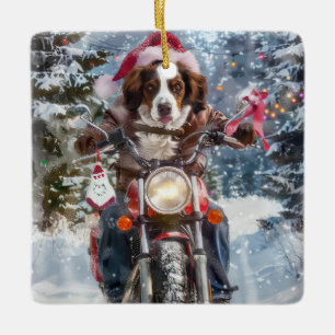 Ornamento De Cerâmica Cão Brittany Spaniel Pilotando Motocicleta Natal
