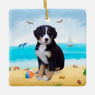 Ornamento De Cerâmica Cão da Montanha Bernese na Praia