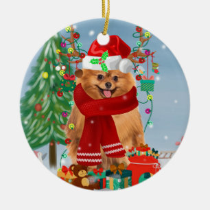 Ornamento De Cerâmica Cão da Pomerânia com presentes de Natal