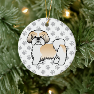 Ornamento De Cerâmica Cão de Cartoon Dourado e branco Shih Tzu Cute