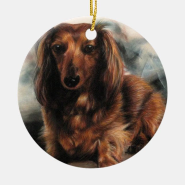Ornamento De Cerâmica Cão de Dachshund de Cabelo Longo (Frente)