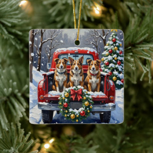 Ornamento De Cerâmica Cão de Gado Australiano Caminhão Vermelho de Natal
