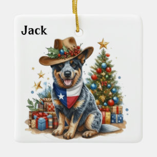 Ornamento De Cerâmica Cão de Gado Australiano Personalizado Com Bandeira