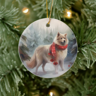 Ornamento De Cerâmica Cão de Lappund, finlandês, no Natal da neve