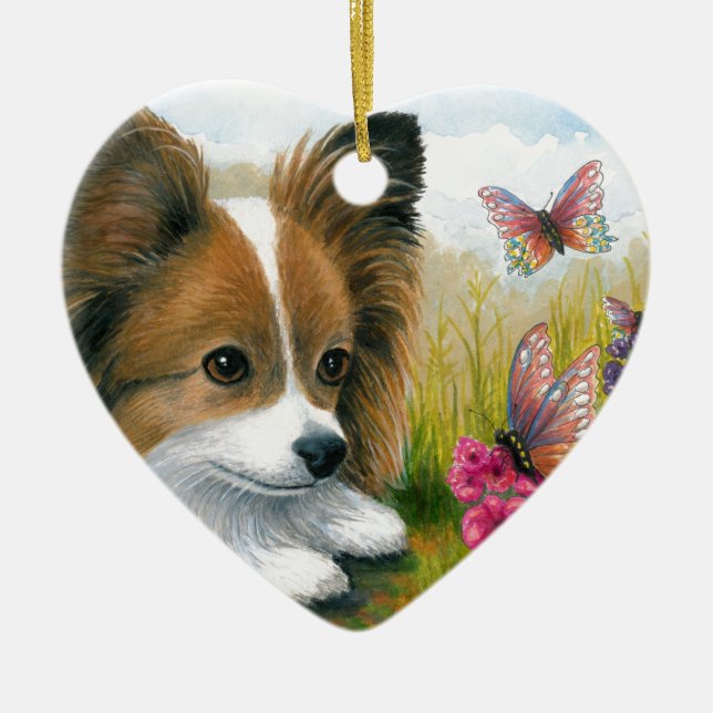 Ornamento De Cerâmica Cão de Papillon do cão 123 com borboletas (Frente)