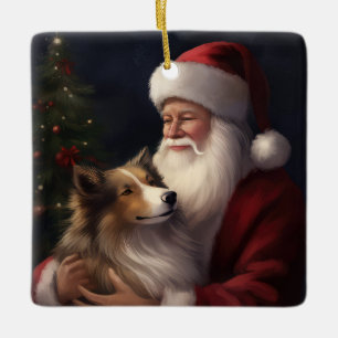 Ornamento De Cerâmica Cão de Pastoreio Shetland Papai Noel Natal Festivo