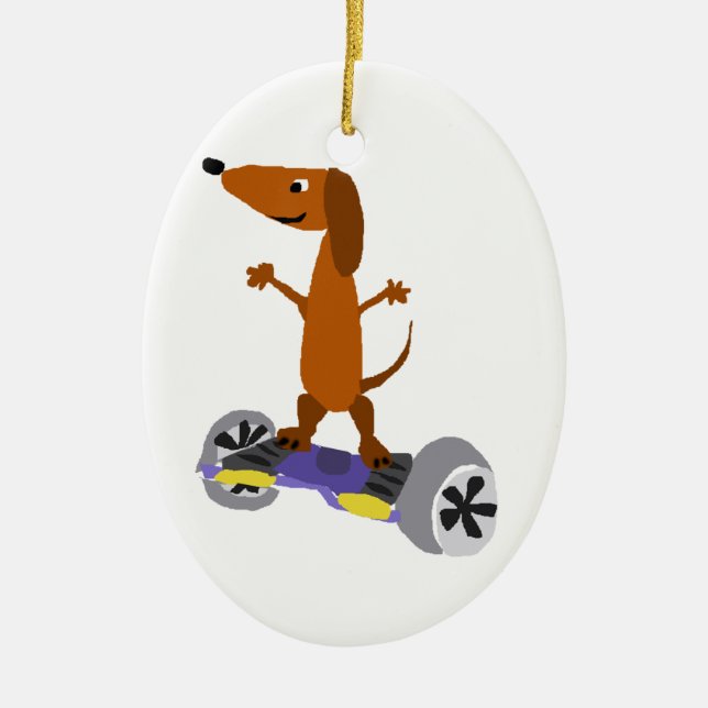 Ornamento De Cerâmica Cão engraçado do Dachshund em Hoverboard (Frente)