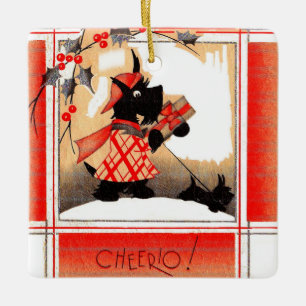 Ornamento De Cerâmica Cão escocês de Natal de 1930 diz "Cheerio"