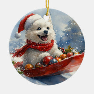 Ornamento De Cerâmica Cão Esquimó Americano no Trenó Deixe Nevar Natal