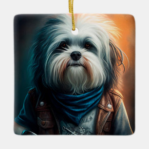 Ornamento De Cerâmica Cão Havanês em bicicleta pintura digital