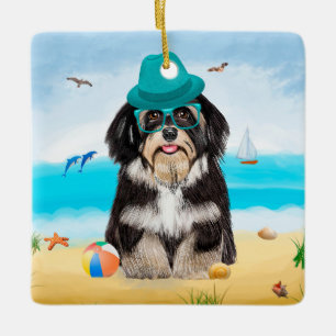 Ornamento De Cerâmica Cão Havanês na Praia