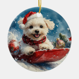 Ornamento De Cerâmica Cão Maltês no Trenó Deixe Nevar Natal