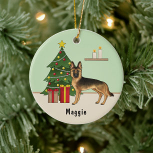 Ornamento De Cerâmica Cão Pastor Alemão Preto e Castanho Árvore de Natal