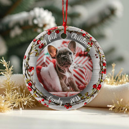 Ornamento De Cerâmica Cão Pet Primeira Foto De Natal Red Berry Wreath