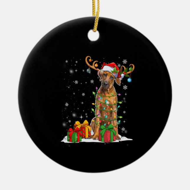 Ornamento De Cerâmica Cão Ridgeback das Luzes de Natal (Frente)