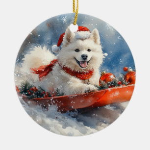 Ornamento De Cerâmica Cão Samoyed em Trenó Deixe Nevar Natal