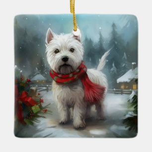 Ornamento De Cerâmica Cão Terrier West Highland White na Neve Natal