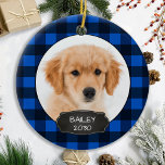 Ornamento De Cerâmica Cão Xadrez azul-russa de natal Puppy Pet Photo Ce<br><div class="desc">Decorre a árvore ou envie um presente especial com este adorável ornamento personalizado personalizado de fotos de feriado. Adicione as fotos do seu cachorro e personalize com nome e ano. O ornamento é de dois lados, você pode fazer fotos diferentes em cada lado. COPYRIGHT © 2020 Judy Burrows, Black Dog...</div>