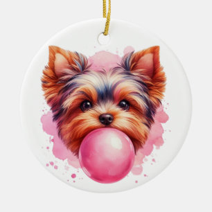 Ornamento De Cerâmica Cão Yorkshire Terrier com Chiclete Rosa Aquarela