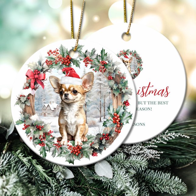 Ornamento De Cerâmica Cãozinho de cachorro Chihuahua de Natal bonito cha (Cute Christmas Chihuahua dog puppy Santa hat Ceramic Ornament)