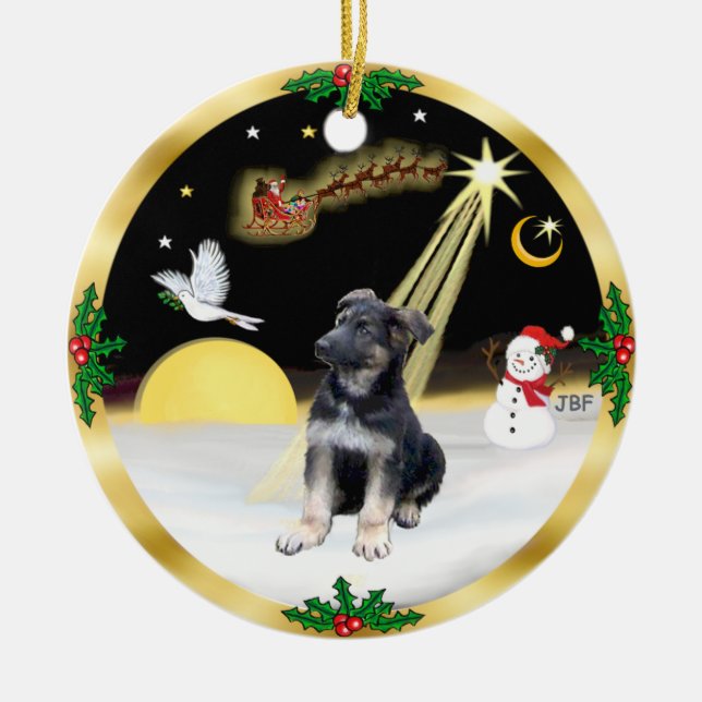 Ornamento De Cerâmica Cãozinho de German shepherd noturno (Frente)