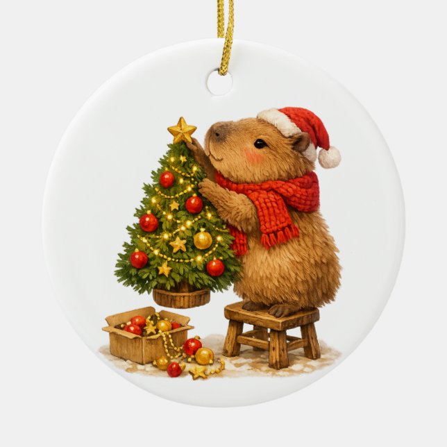 Ornamento De Cerâmica Capivara de Natal Decorando a Árvore (Frente)