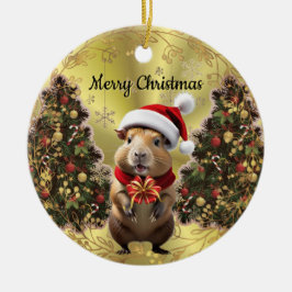 Ornamento De Cerâmica Capivara de Natal Ladeada por Árvores de Natal