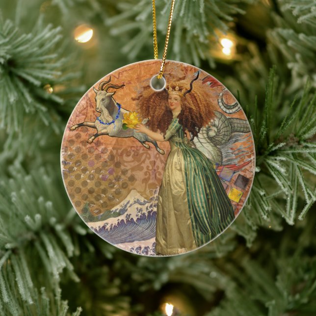 Ornamento De Cerâmica Capricórnio Mulher Cabra Brincadeira (Árvore)