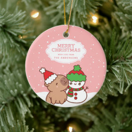 Ornamento De Cerâmica Capybara E Snowman Feliz Natal