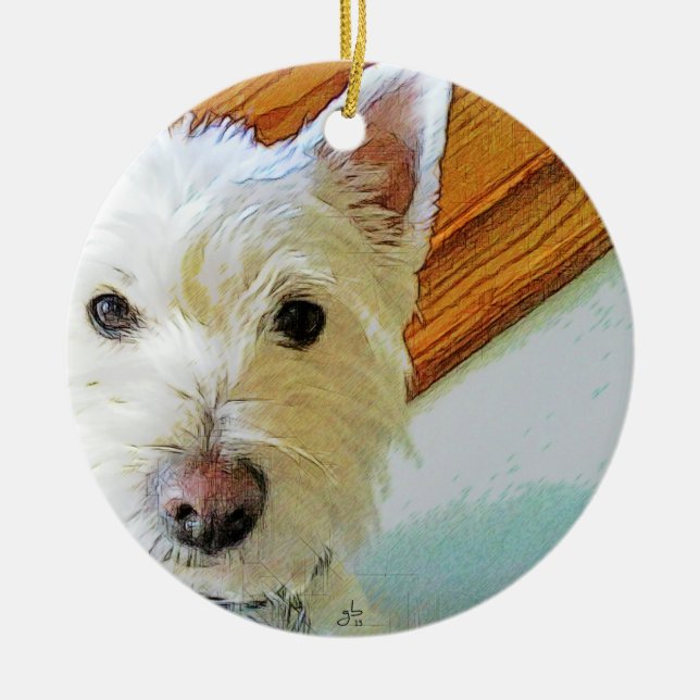 Ornamento De Cerâmica Cara do cão de Westie, olhando o (Frente)
