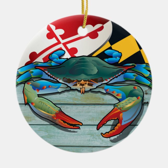 Ornamento De Cerâmica Caranguejo azul litoral de Maryland com bandeira (Frente)