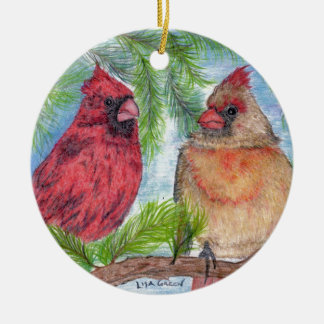 Ornamento De Cerâmica Cardeais em uma árvore