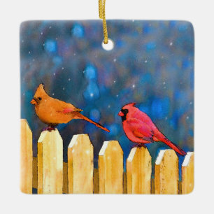 Ornamento De Cerâmica Cardeais na Pintura da Cerca - Arte Original