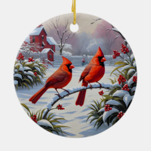 Ornamento De Cerâmica Cardeais vermelhos no inverno