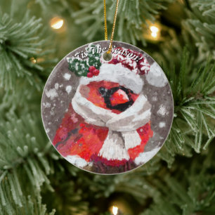 Ornamento De Cerâmica Cardeal Bird Scarf Hat Snow Christmas Seasonal