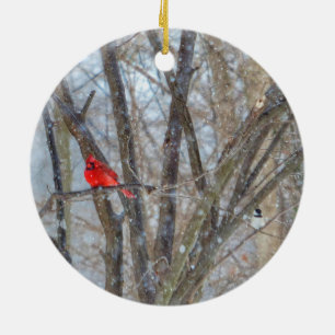 Ornamento De Cerâmica Cardeal e Chickadee