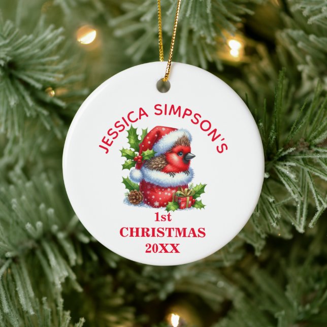 Ornamento De Cerâmica Cardinal de Bebê Bonito Primeiro Natal Personaliza (Árvore)