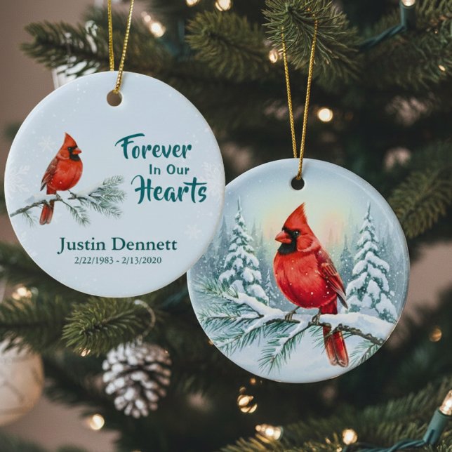 Ornamento De Cerâmica Cardinal Forever In Our Hearts Custom Christmas  (Cardinal Forever In Our Hearts Christmas Ornament)