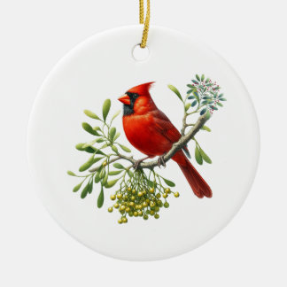 Ornamento De Cerâmica Cardinal-vermelho num Galho de Visco